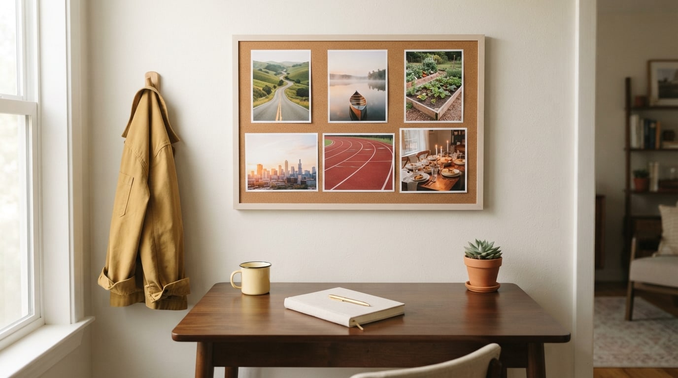 Male vision board ideas: six photos of hills, a lake, a garden bed and a family table above a dark wooden desk