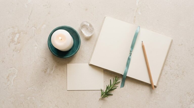 Manifestation quotes for vision board: a candle, a quartz stone and a blank card on pale stone