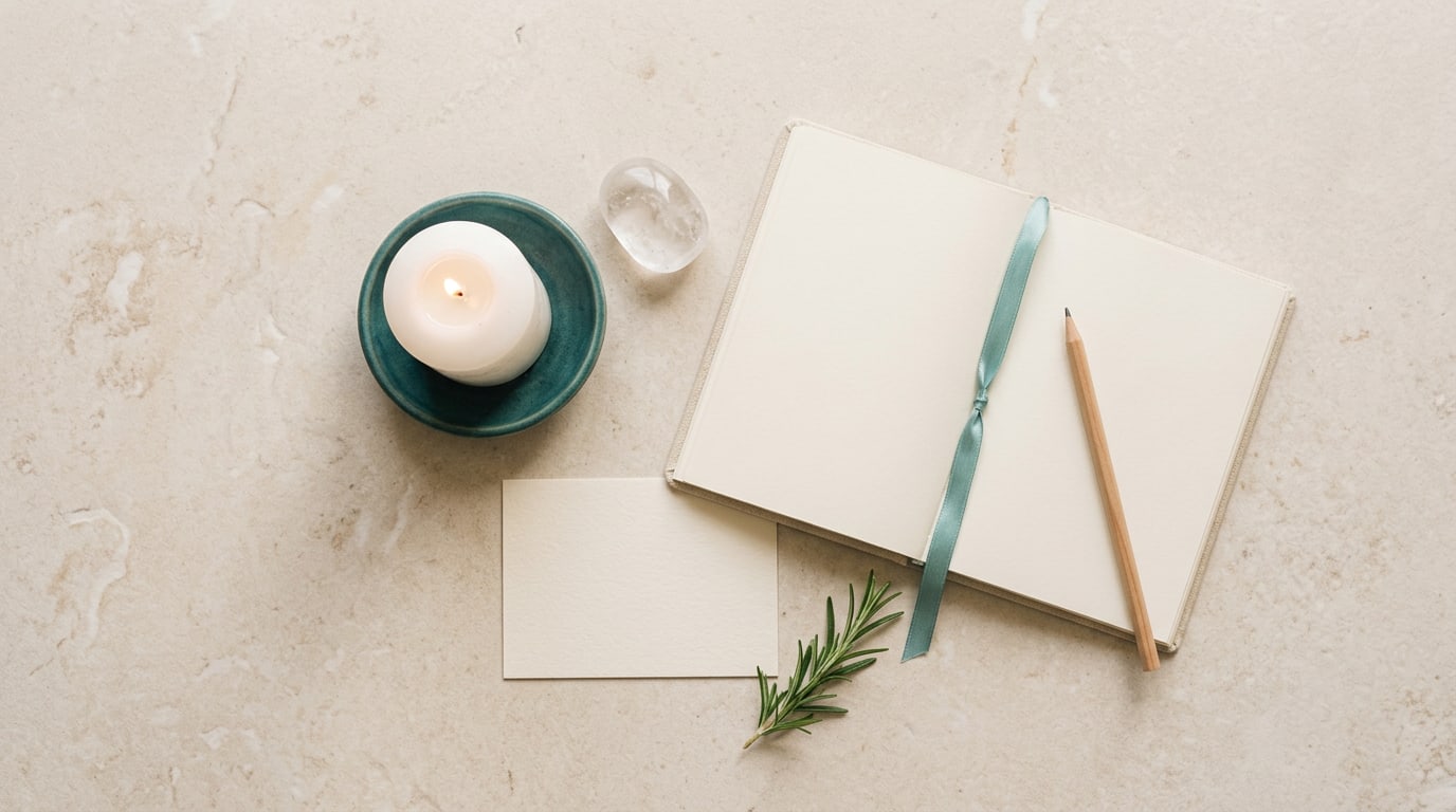 Manifestation quotes for vision board: a candle, a quartz stone and a blank card on pale stone
