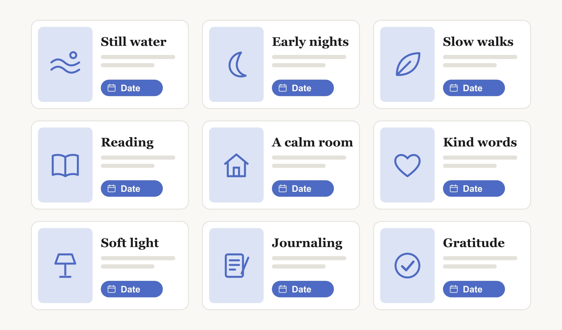 A manifestation vision board example for calm: nine squares from still water to journaling and gratitude