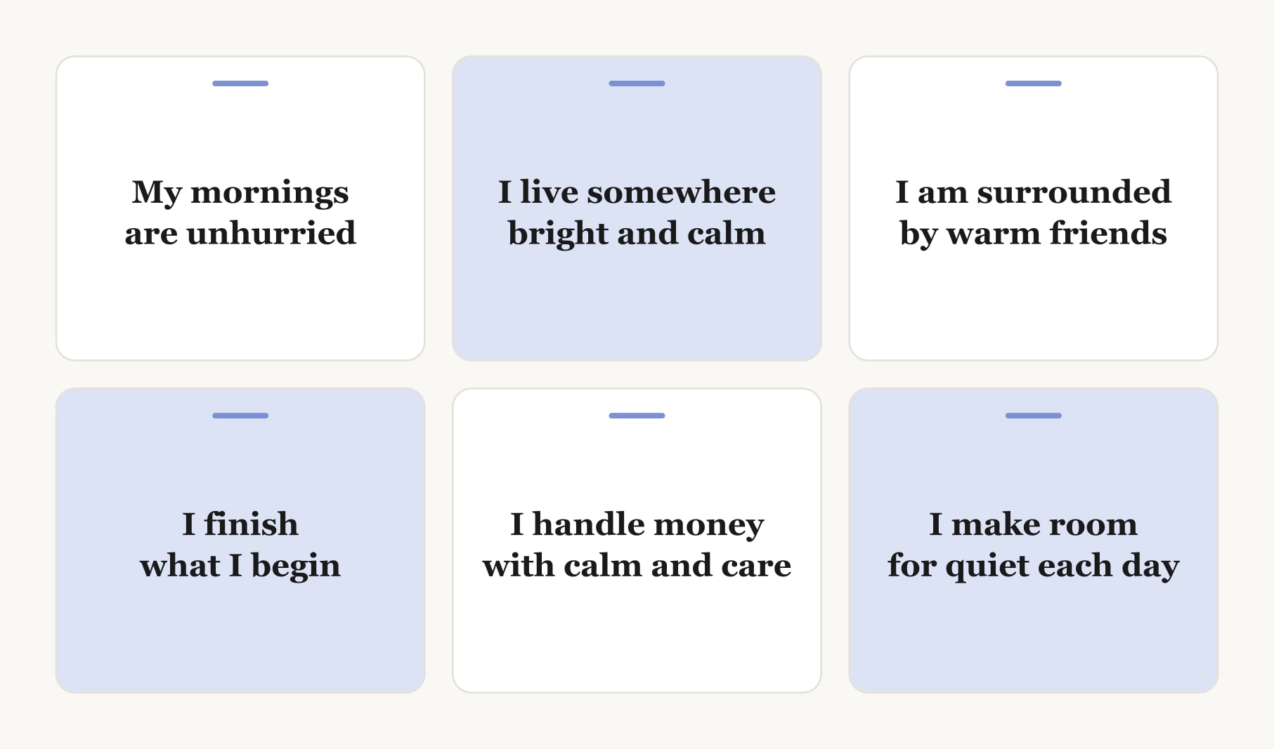 Present-tense captions from six manifestation vision board examples, one line from each example board