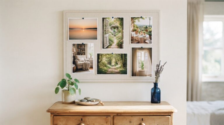 Manifestation vision board examples: a finished board of six calm photos above a chest of drawers