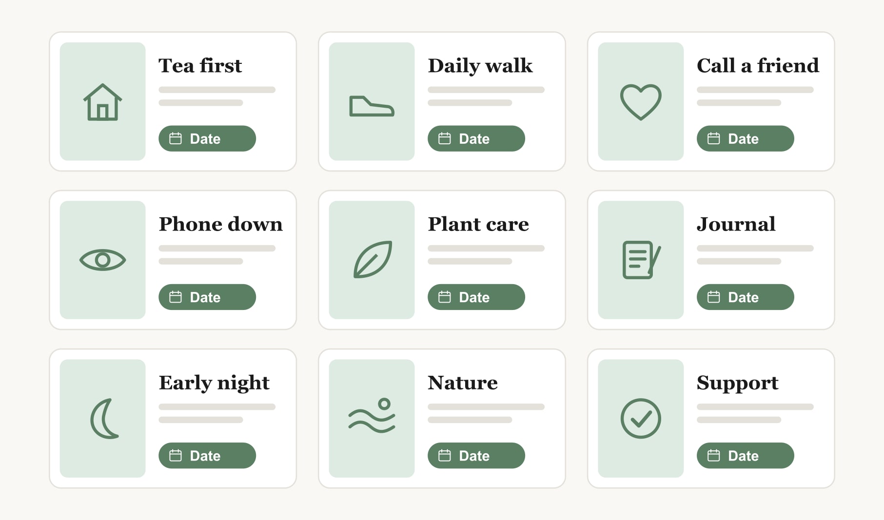 A nine square board combining mental health vision board examples: tea, walks, a friend, rest and support
