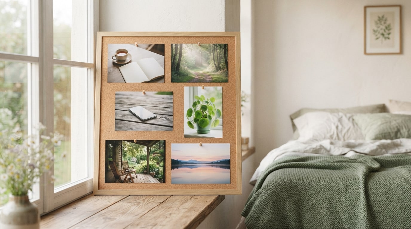 Mental health vision board examples: photos of tea, a forest path and a calm lake on a sunny windowsill