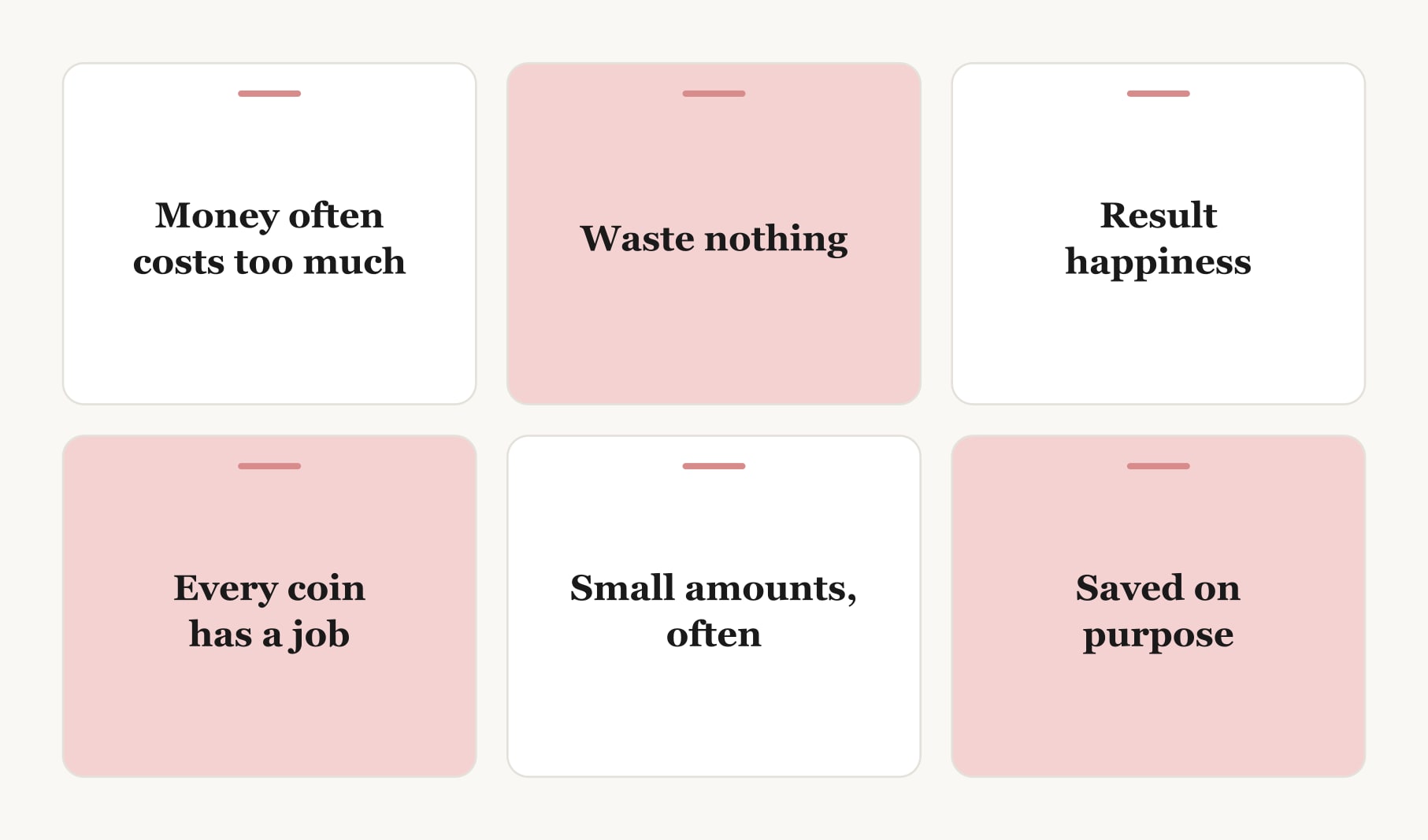 Six money vision board quotes as cards: three fragments from checked sources and three original lines
