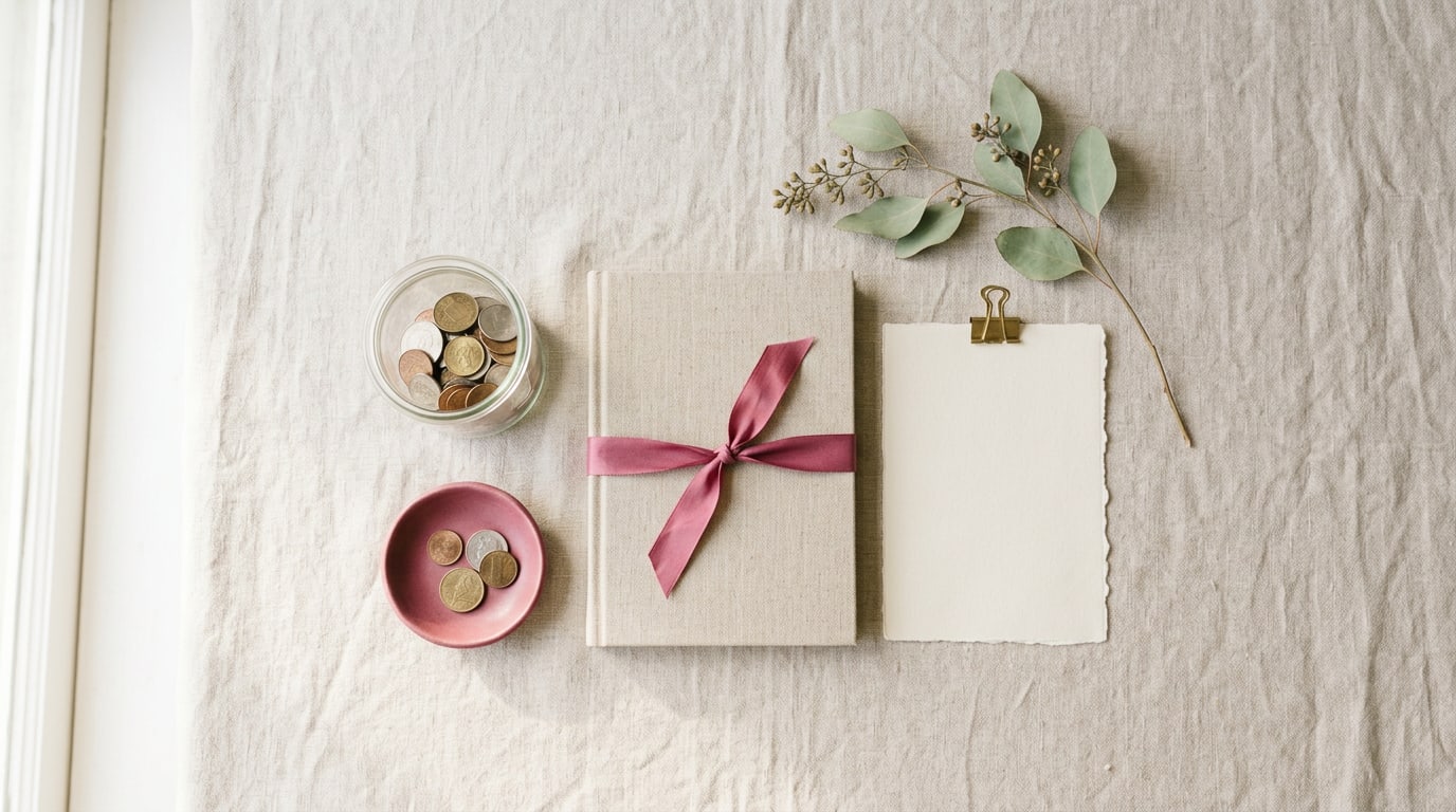 Money vision board quotes: a coin jar, a closed notebook and a blank card laid out on pale linen