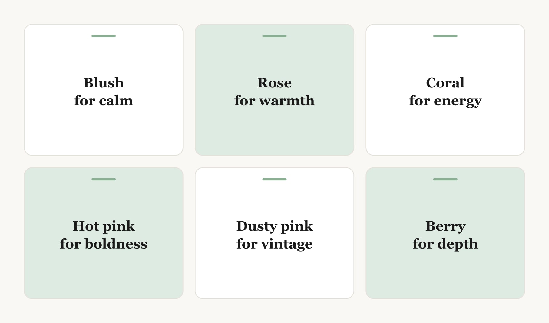 Six shades for pink vision board ideas: blush, rose, coral, hot pink, dusty pink and berry, each with its mood