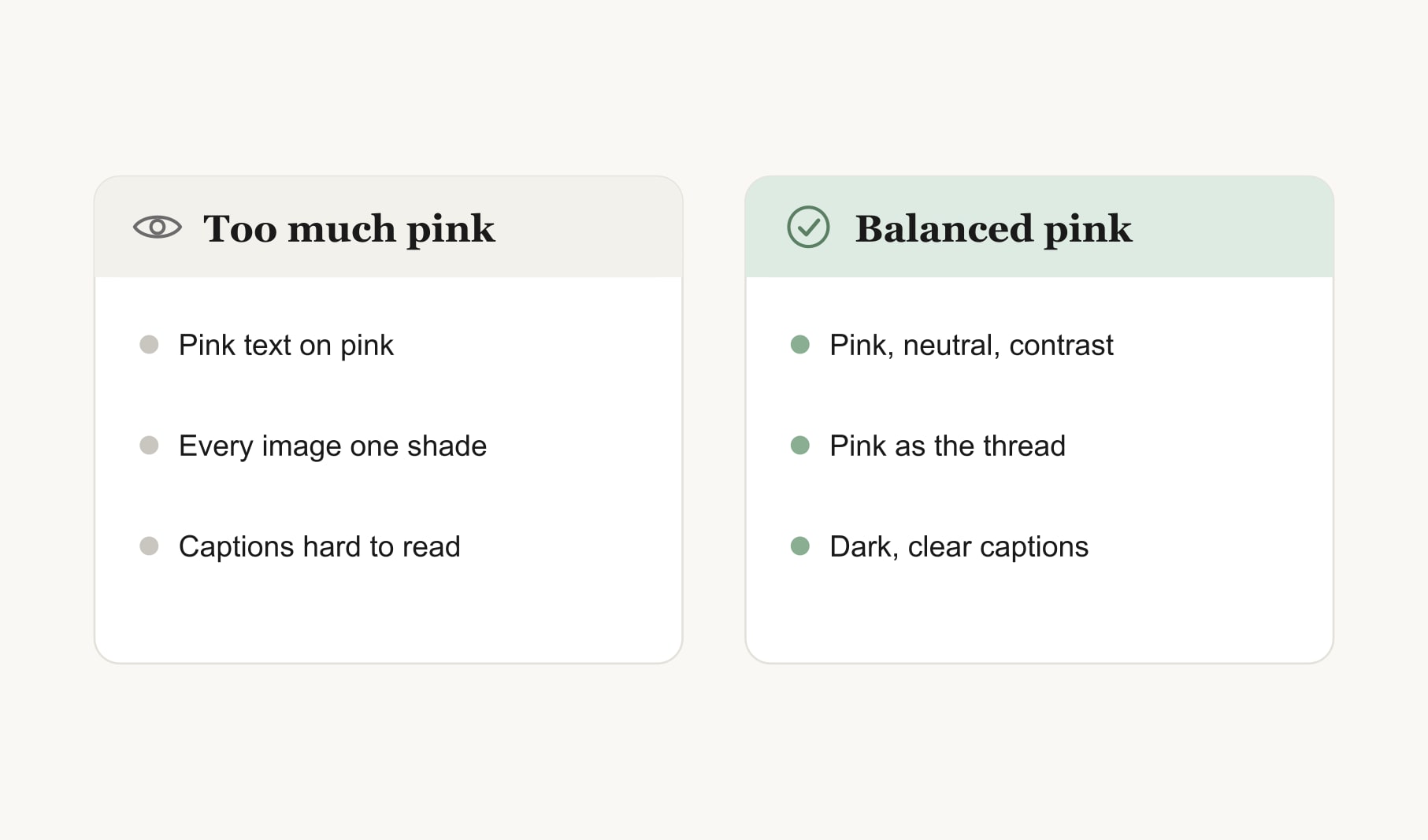 Pink vision board ideas compared: a board with too much pink versus a balanced pink board that stays readable