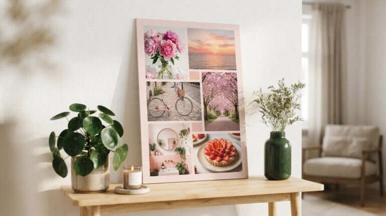 Pink vision board ideas: a blush board of peonies, a pink bicycle and cherry blossom photos on a shelf