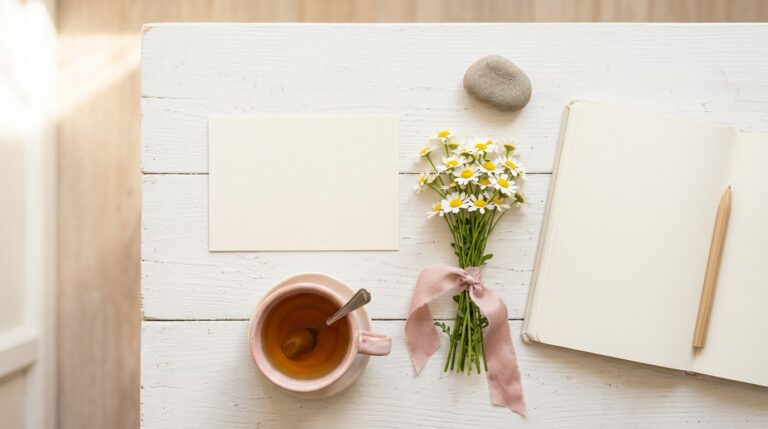 Positive quotes for vision board: a blank card, daisies and a teacup on a sunny white table