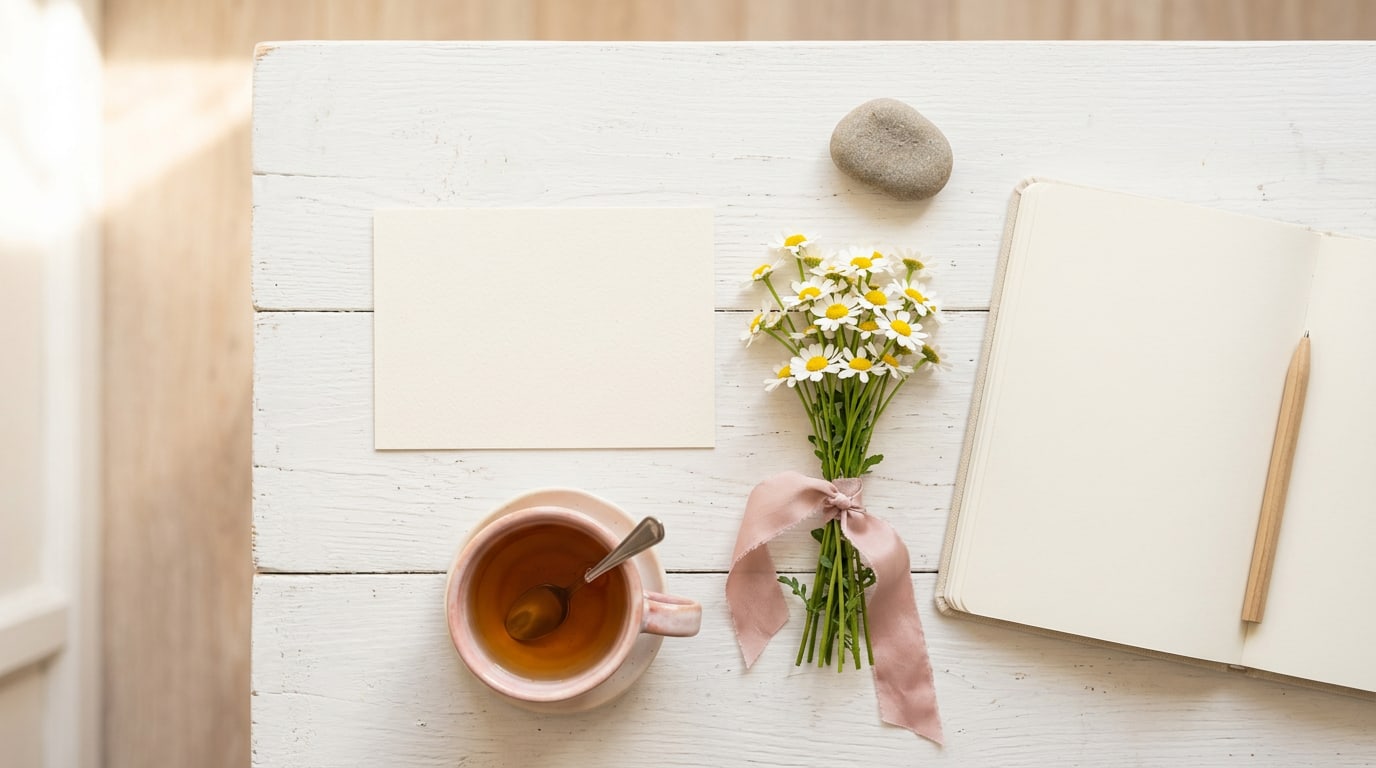 Positive quotes for vision board: a blank card, daisies and a teacup on a sunny white table