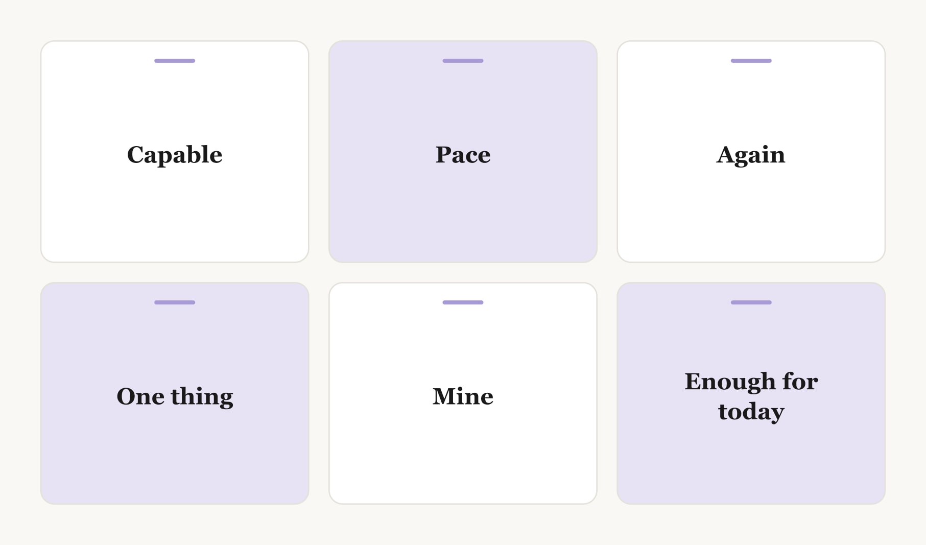 Six powerful words for vision board cards: capable, pace, again, one thing, mine and enough for today