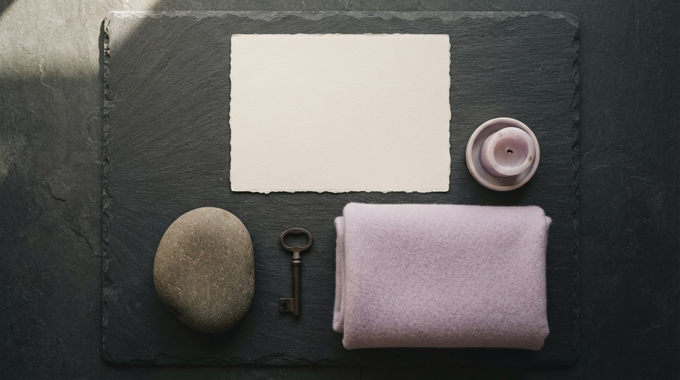 Powerful words for vision board: a blank card, a heavy river stone and an iron key on dark slate