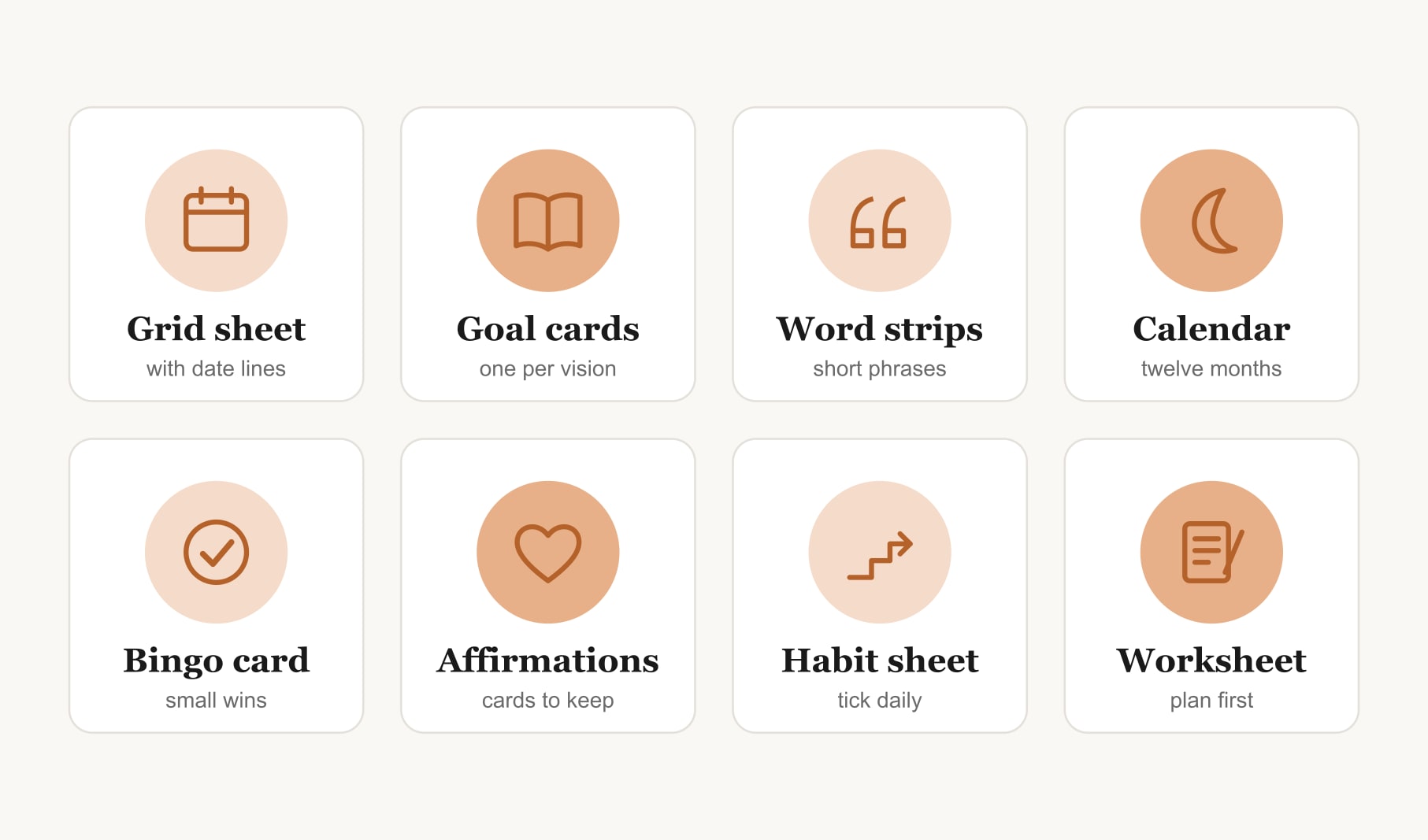 Eight printable vision board ideas, from a dated grid sheet and goal cards to a bingo card and worksheet