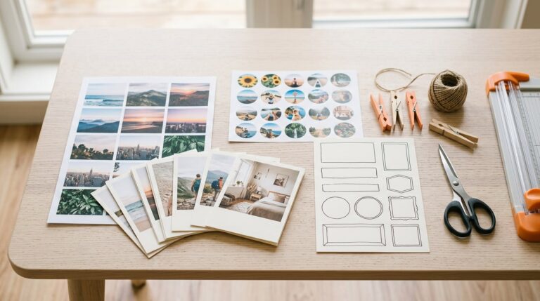 Printable vision board ideas: printed photo grids, goal cards and sticker sheets laid out on a table