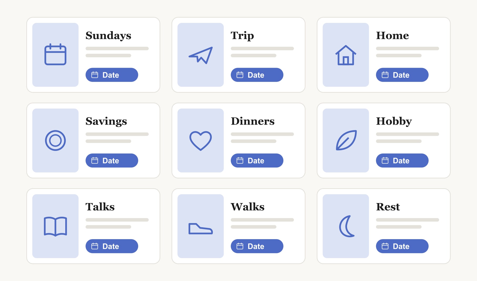 One of the relationship vision board examples as a nine-square grid, each shared goal with its own date