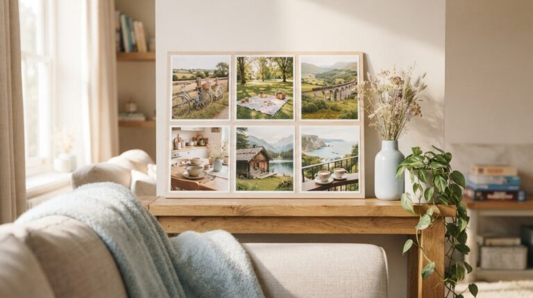 Relationship vision board examples: a finished board of shared trips, meals and places on a sunny shelf