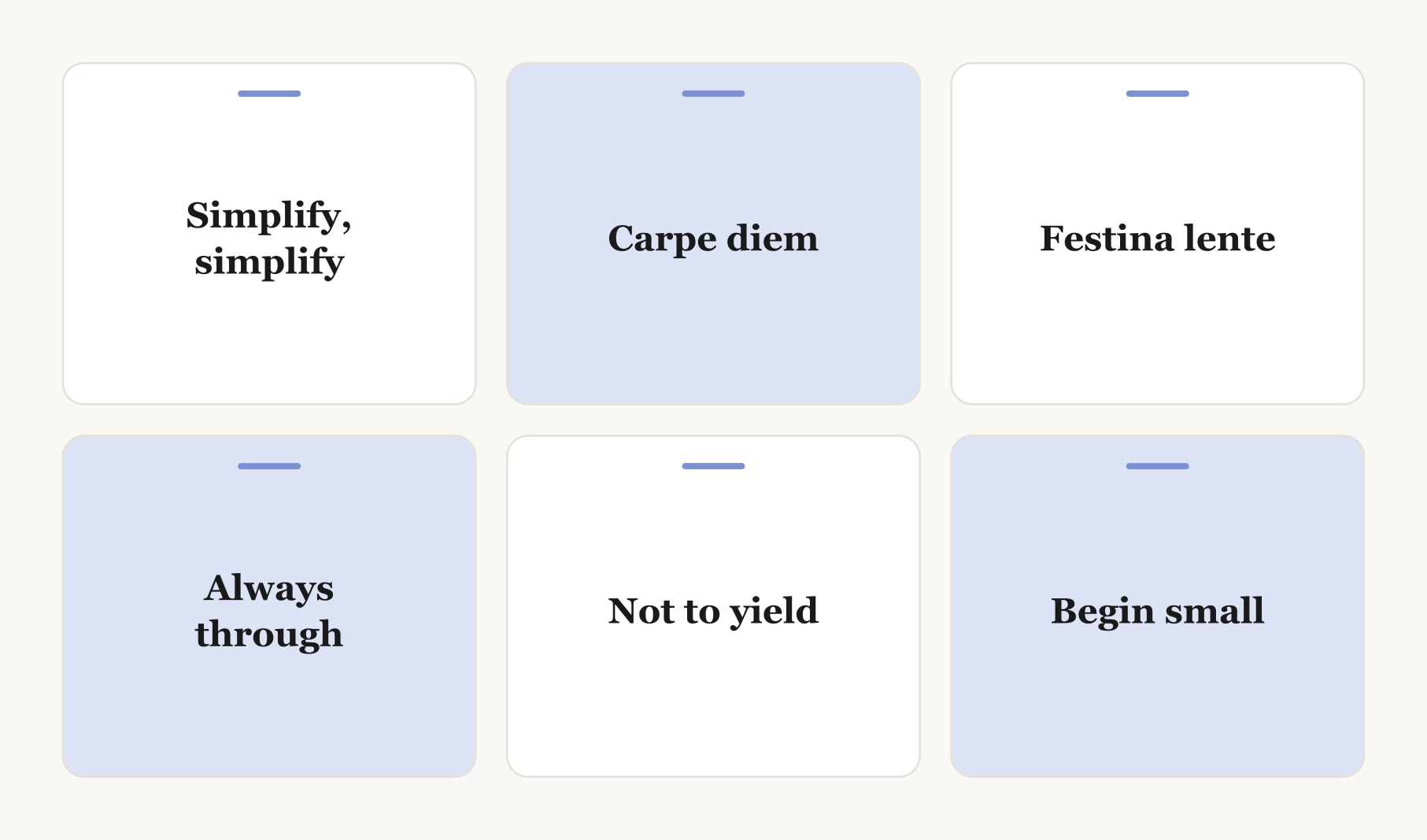 Six short quotes for vision board cards: Thoreau, Horace, Augustus, Frost, Tennyson and one original line