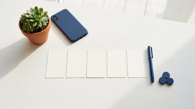 Short quotes for vision board: a row of small blank cards, a marker and magnets on a white desk