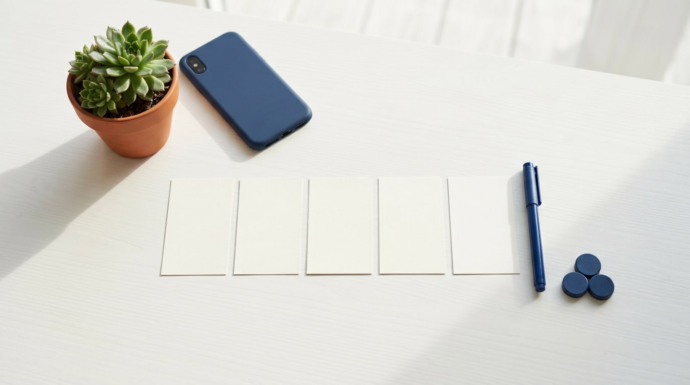 Short quotes for vision board: a row of small blank cards, a marker and magnets on a white desk