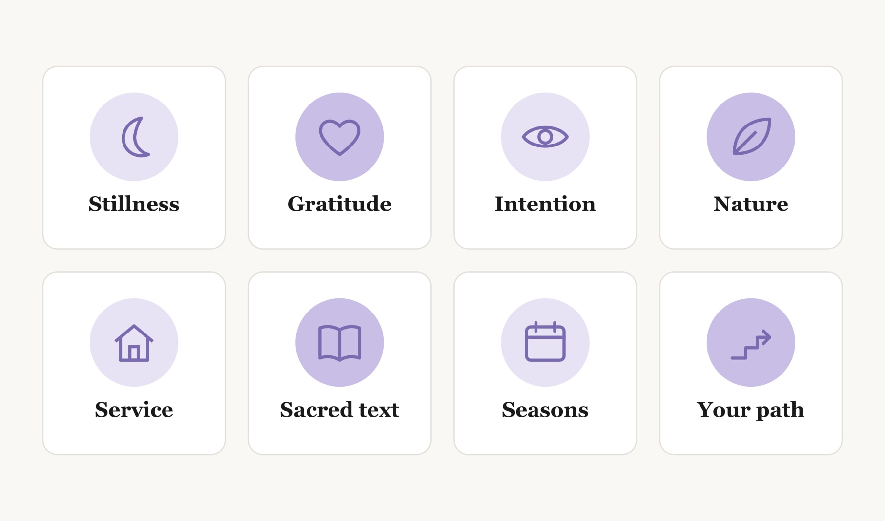 Spiritual vision board examples by theme: stillness, gratitude, intention, nature, service, sacred text, seasons