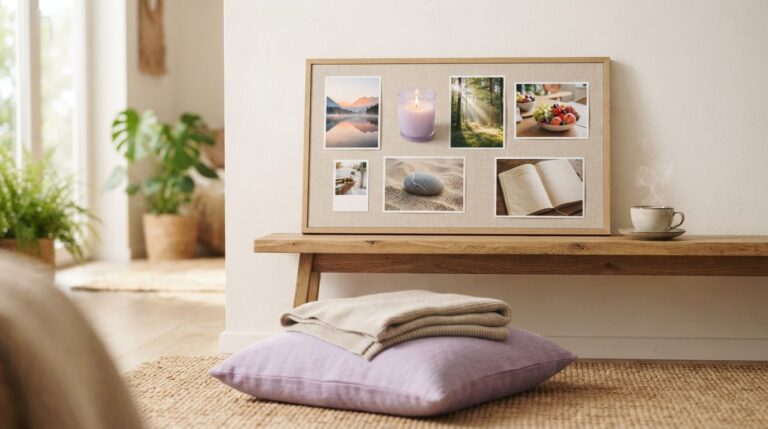 Spiritual vision board examples: photos of a lake at sunrise, a candle and a forest clearing on a quiet shelf