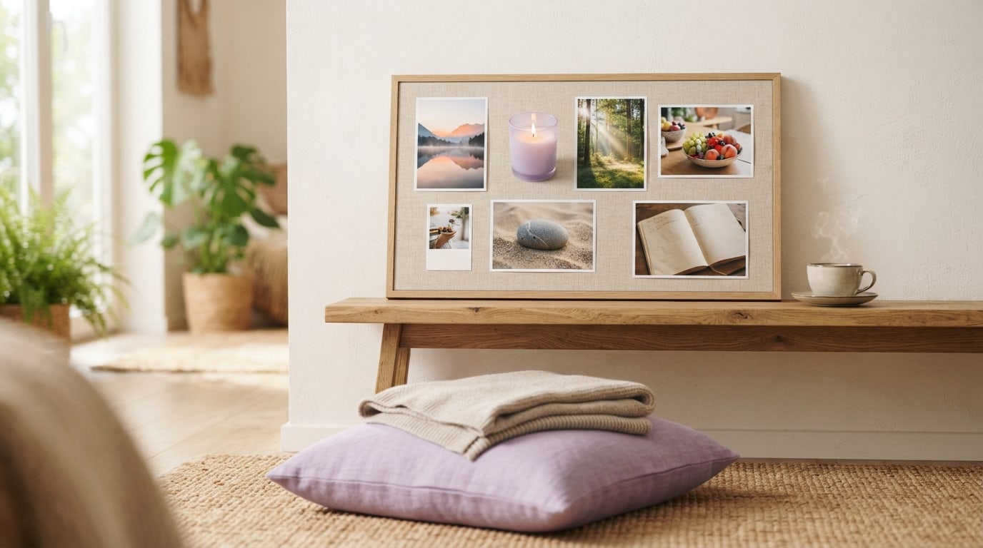 Spiritual vision board examples: photos of a lake at sunrise, a candle and a forest clearing on a quiet shelf