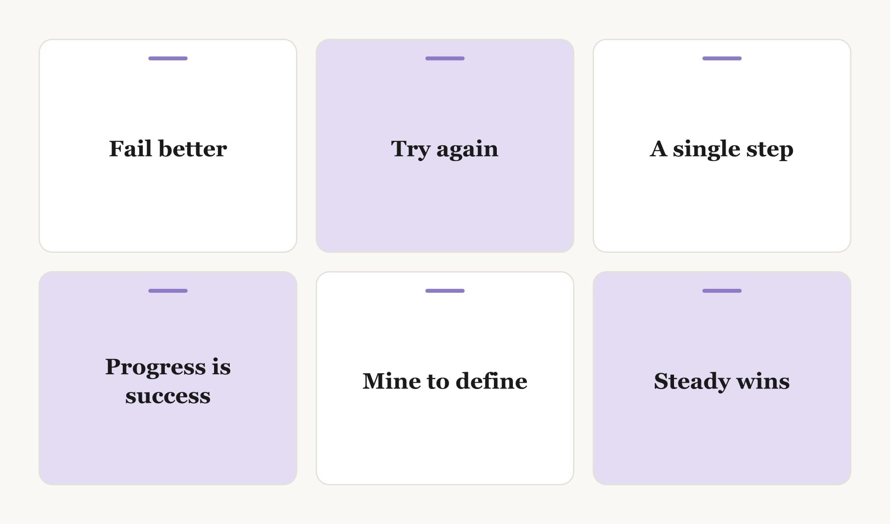 Six success vision board quotes as cards: fragments from Beckett and Laozi plus three original lines