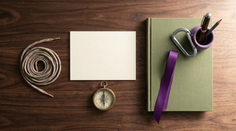 Success vision board quotes: a blank card, a brass compass and a closed notebook on a walnut desk