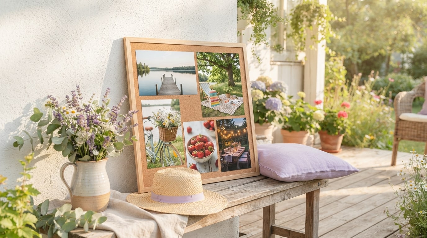 Summer vision board ideas: photos of a lake jetty, a picnic, books and an outdoor table on a sunny porch