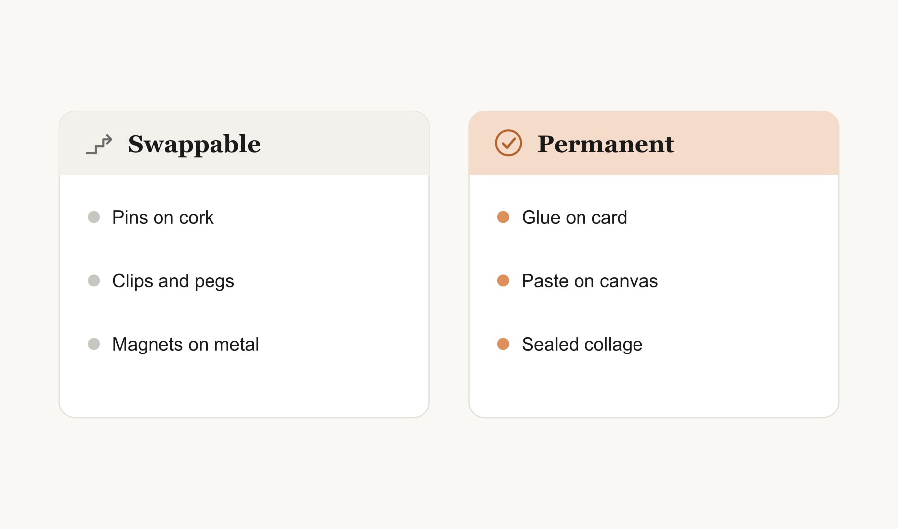 Things to make a vision board, compared: swappable fixings like pins and clips versus permanent glue