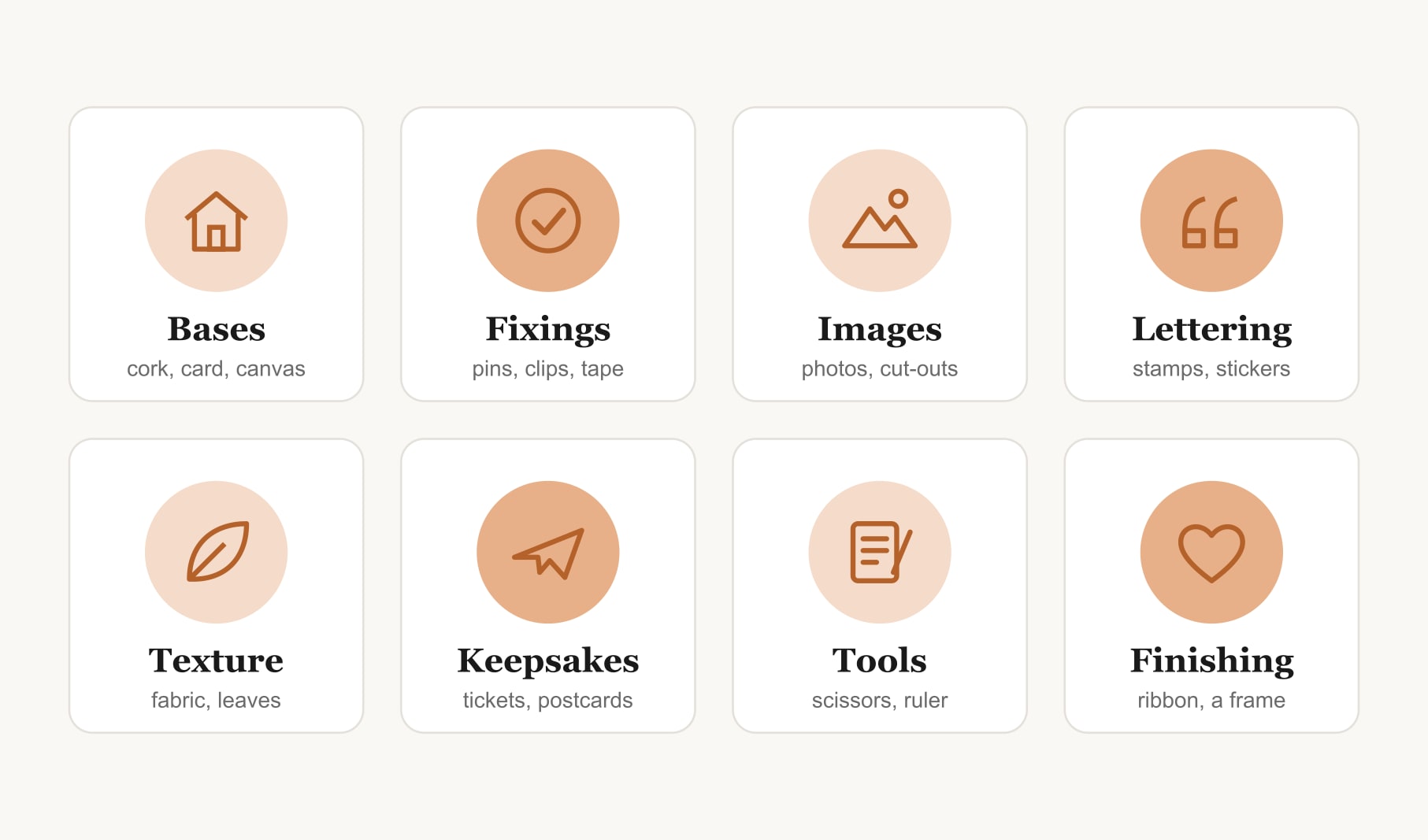 Eight groups of things to make a vision board, from bases and fixings to texture, keepsakes and finishing