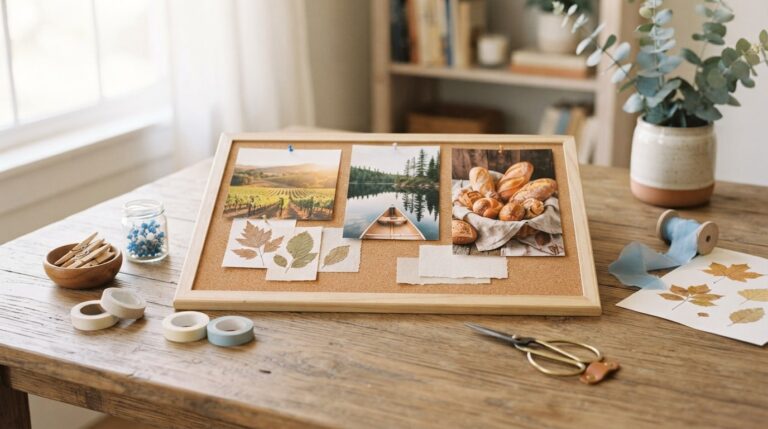 Things to make a vision board: a cork board with pinned photos surrounded by pins, tape, ribbon and leaves