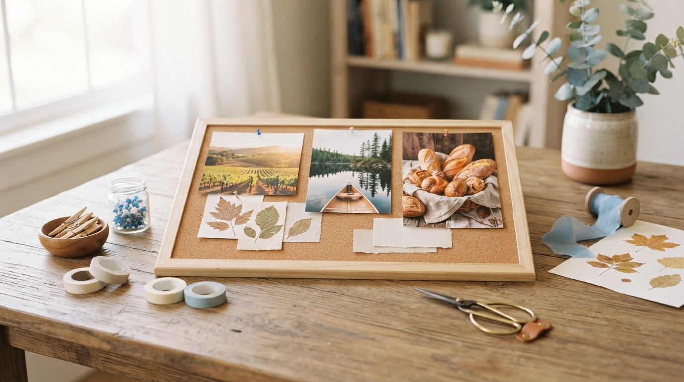 Things to make a vision board: a cork board with pinned photos surrounded by pins, tape, ribbon and leaves