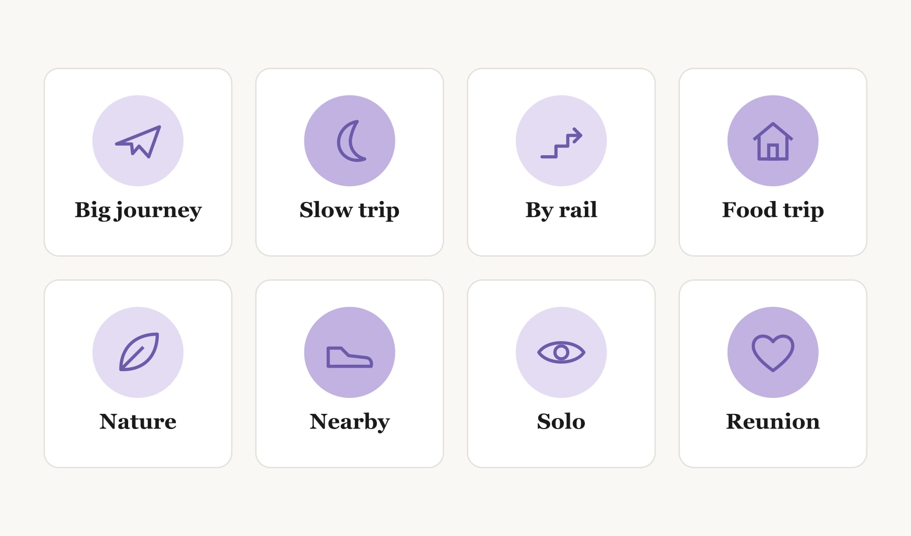 Eight trip types for travel vision board ideas: big journey, slow trip, rail, food, nature, nearby, solo, reunion