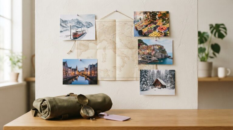 Travel vision board ideas: photos of a mountain railway, a market and a coastal village around a paper map