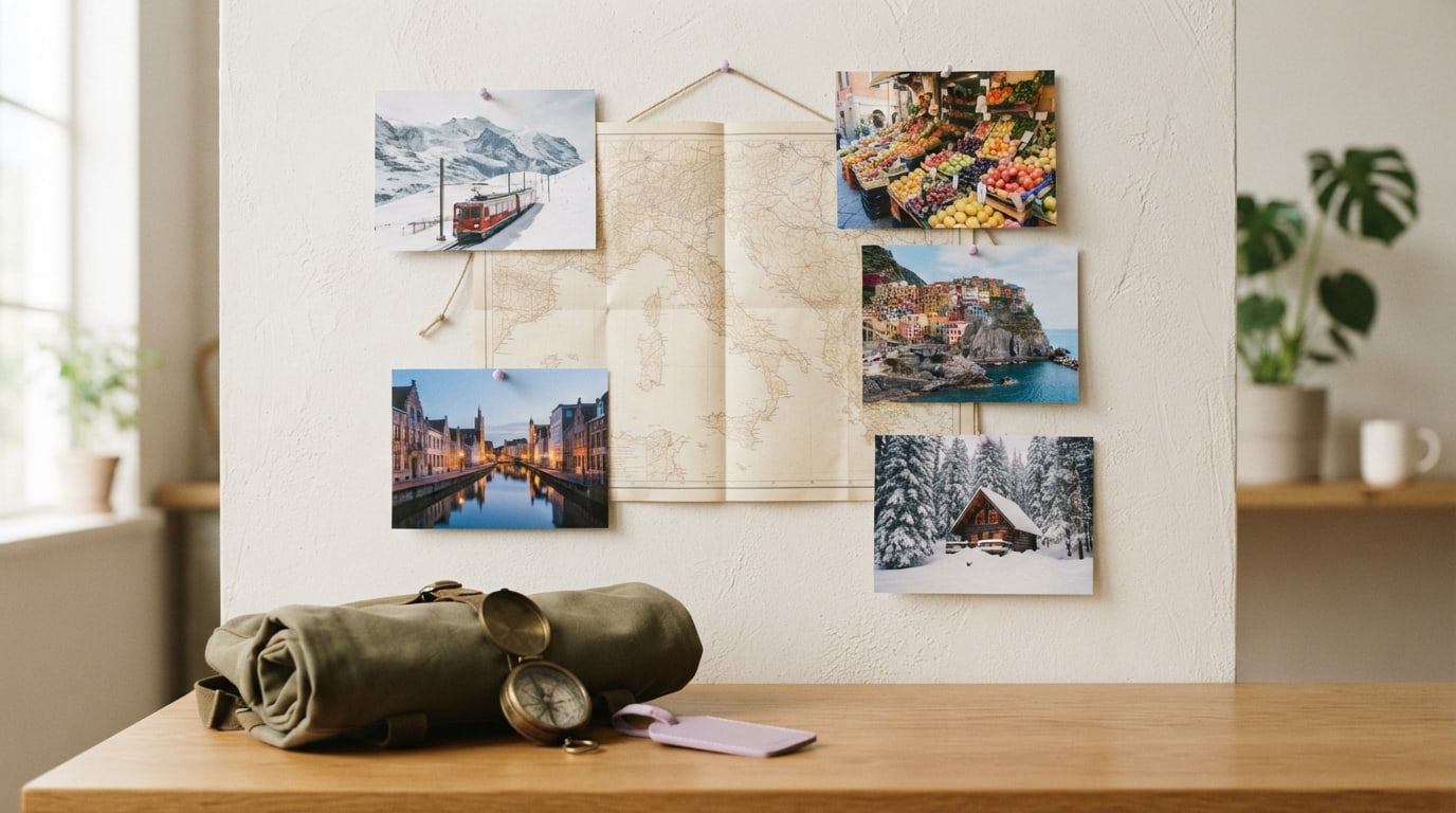 Travel vision board ideas: photos of a mountain railway, a market and a coastal village around a paper map
