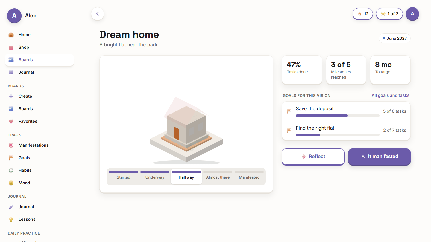 The Vision Boardly app on desktop showing a dream home vision with its target date, progress and goals