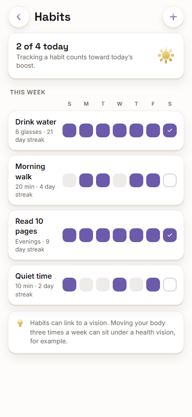The Vision Boardly app on a phone showing this week's habits with daily check marks