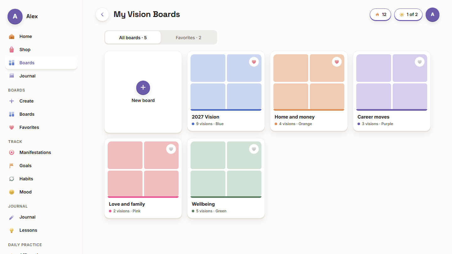 The Vision Boardly app on desktop showing five vision boards, each in its own colour