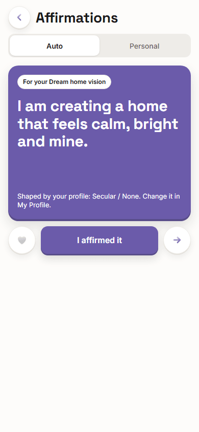 The Vision Boardly app on a phone showing a daily affirmation written for a dream home vision