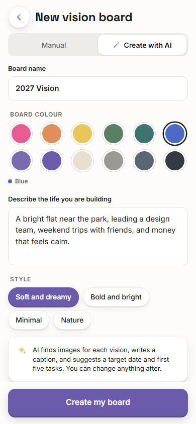 The Vision Boardly app on a phone creating a new vision board with AI from a short description