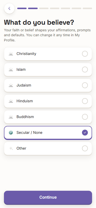 The Vision Boardly faith screen on a phone listing seven beliefs, with Secular or None selected