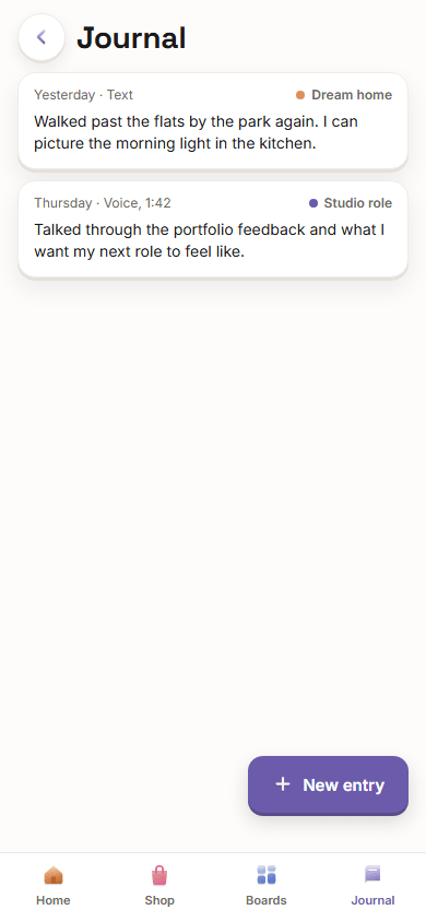 The Vision Boardly journal on a phone with a text entry and a transcribed voice entry