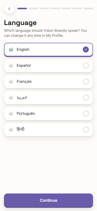 The Vision Boardly language screen on a phone listing six languages, with English selected