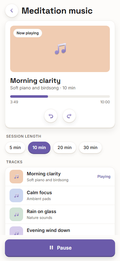 The Vision Boardly app on a phone playing a ten minute meditation track called Morning clarity