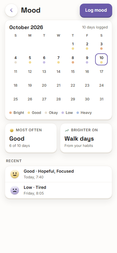 The Vision Boardly app on a phone showing a month of logged moods on a calendar