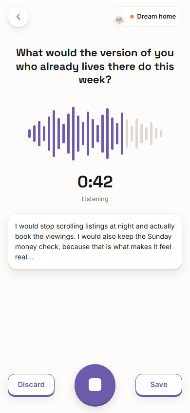 The Vision Boardly app on a phone recording a voice journal entry for a dream home vision
