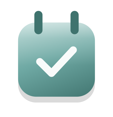 A soft 3D teal calendar icon with a tick