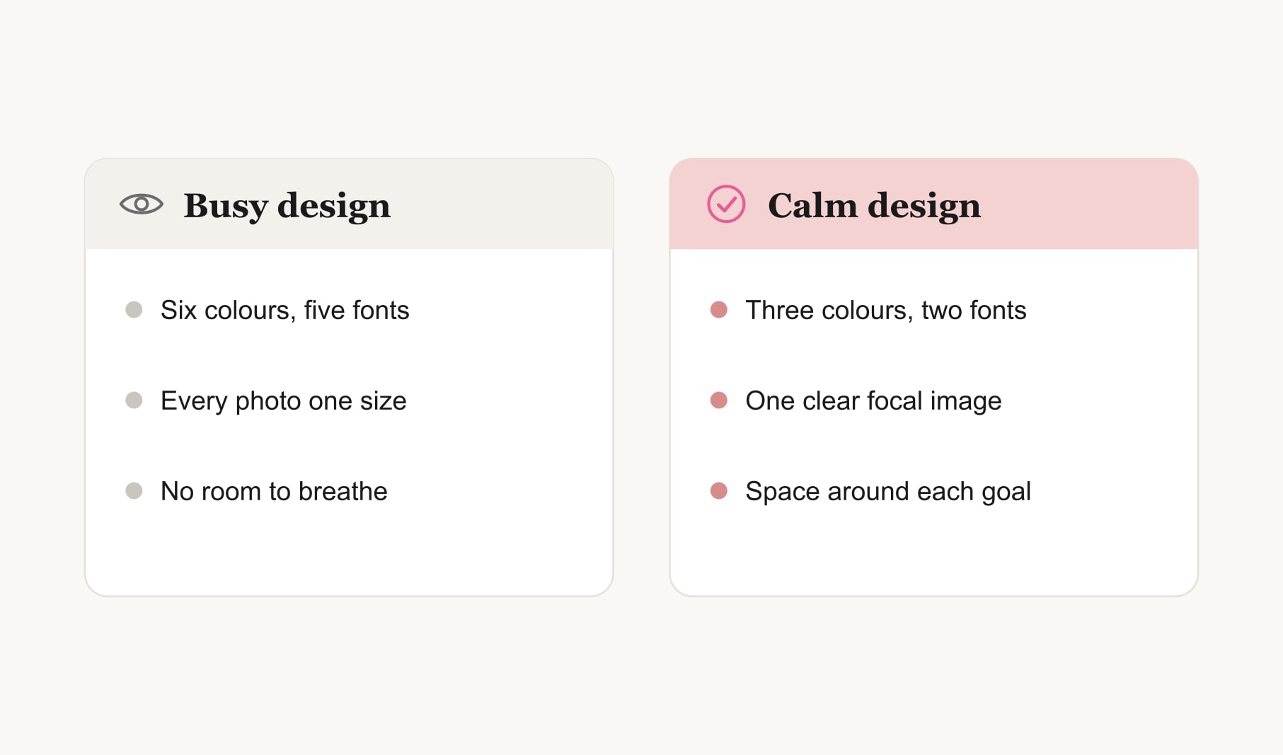 Vision board design ideas compared: a busy design with many colours and fonts versus a calm, focused design